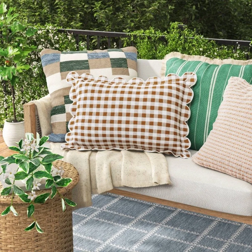 14x20 Gingham Scalloped Edge Outdoor Lumbar Pillow Brown -Threshold Studio McGee - Picture 2 of 4